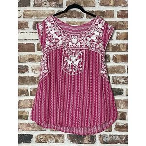 PLUS SIZE ANDREE BY UNIT EMBROIDERED BOHO BABYDOLL TUNIC TOP Magenta 1X